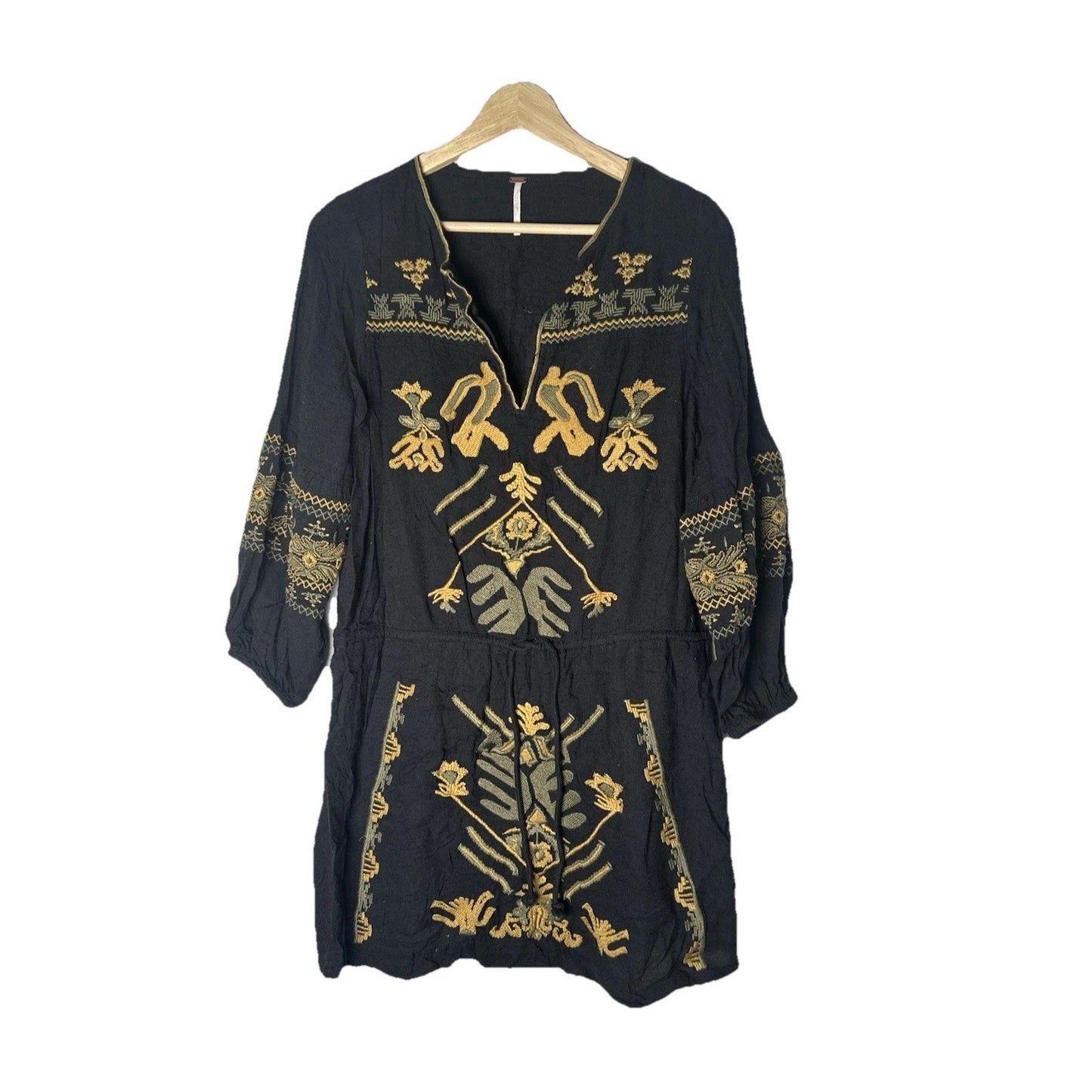$168 Free People Anouk Black Combo Gold Olive Embroidered Mini Dress S Bohemian