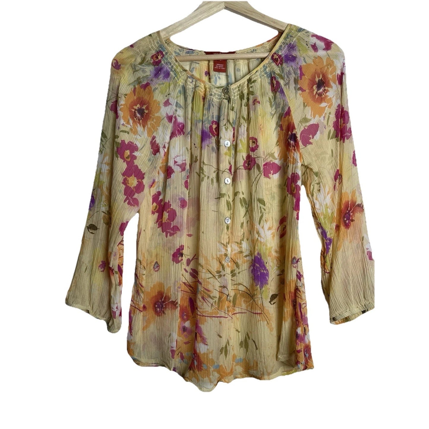 Sundance Womens Small Top 100% SILK Floral Long Sleeve Sheer Bohemian Yellow