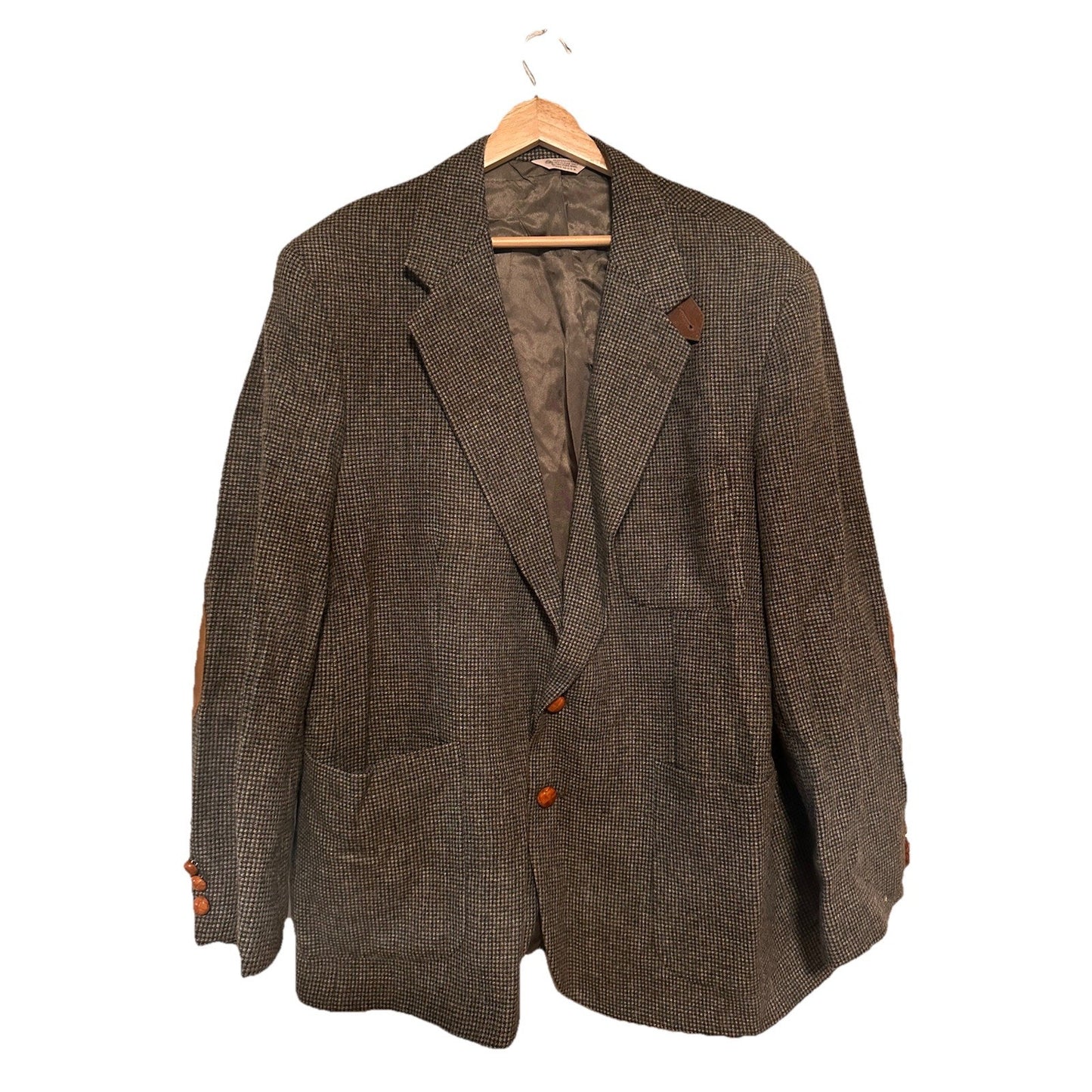 Vintage Hunt Club Sport Coat Mens 46R 100% Wool Houndstooth Tweed Blazer Patches