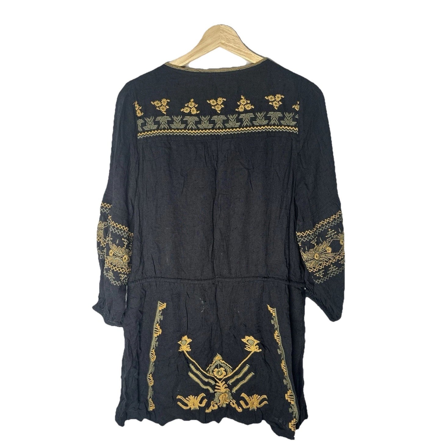 $168 Free People Anouk Black Combo Gold Olive Embroidered Mini Dress S Bohemian