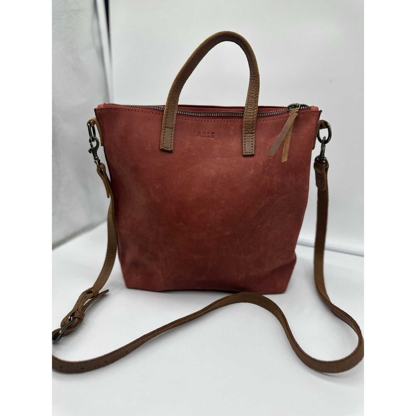 Able Red Soft Leather minimalist top zip tote crossbody purse bag Handbag