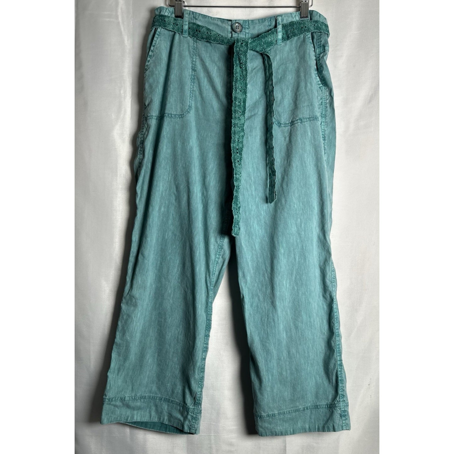 Soft Surroundings Linen Pants Womens Sz 8 Wide Leg Embroidered Belt Cropped