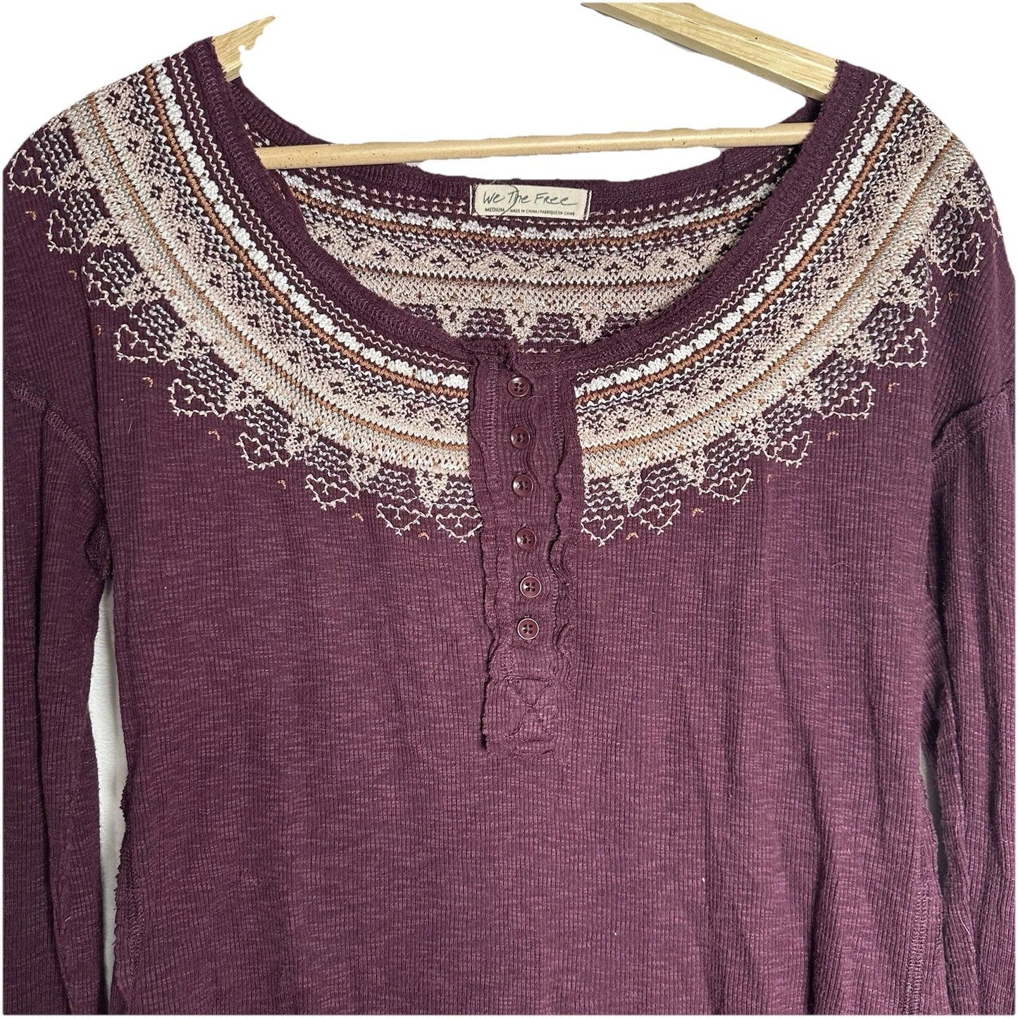 We The Free People Thermal Fair Isle Henley Shirt Size M Purple Brown Boho Ski