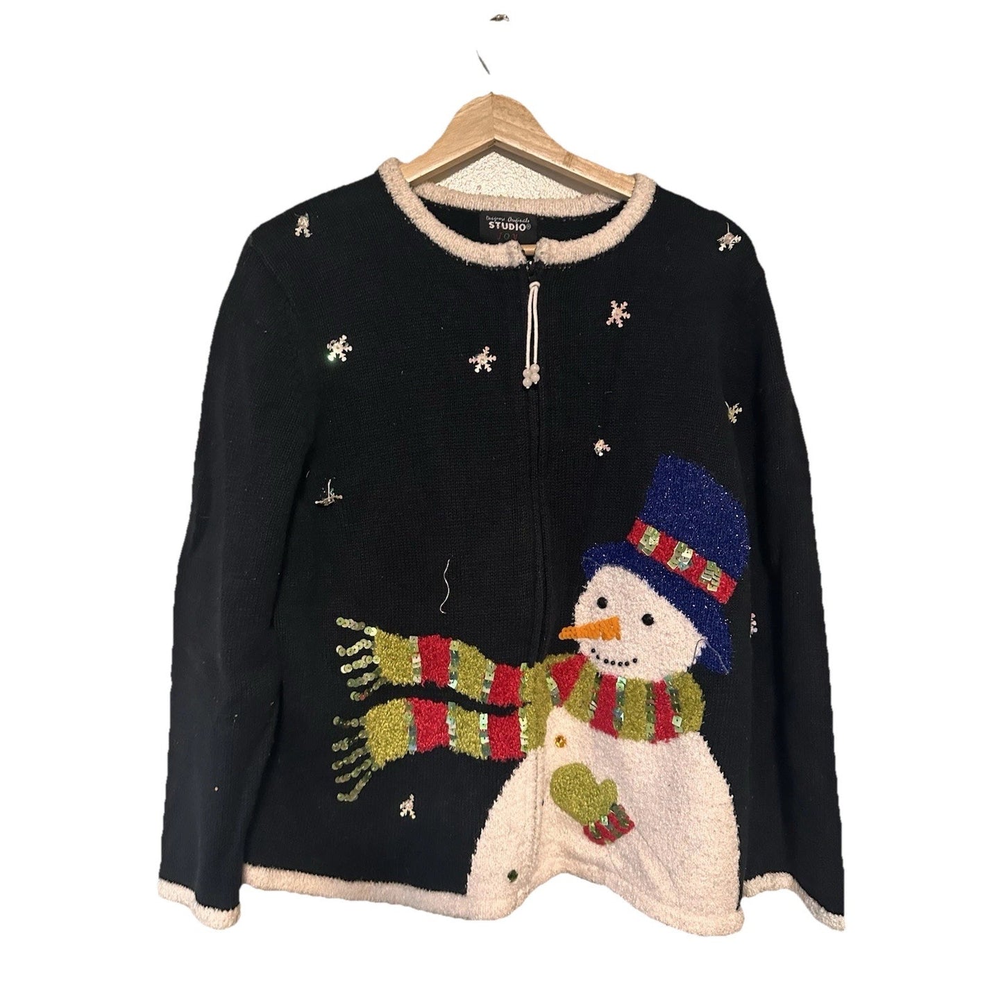 Vtg Snowman Zip up Sweater Womens L Snowflakes Sequence Christmas Holiday Winter