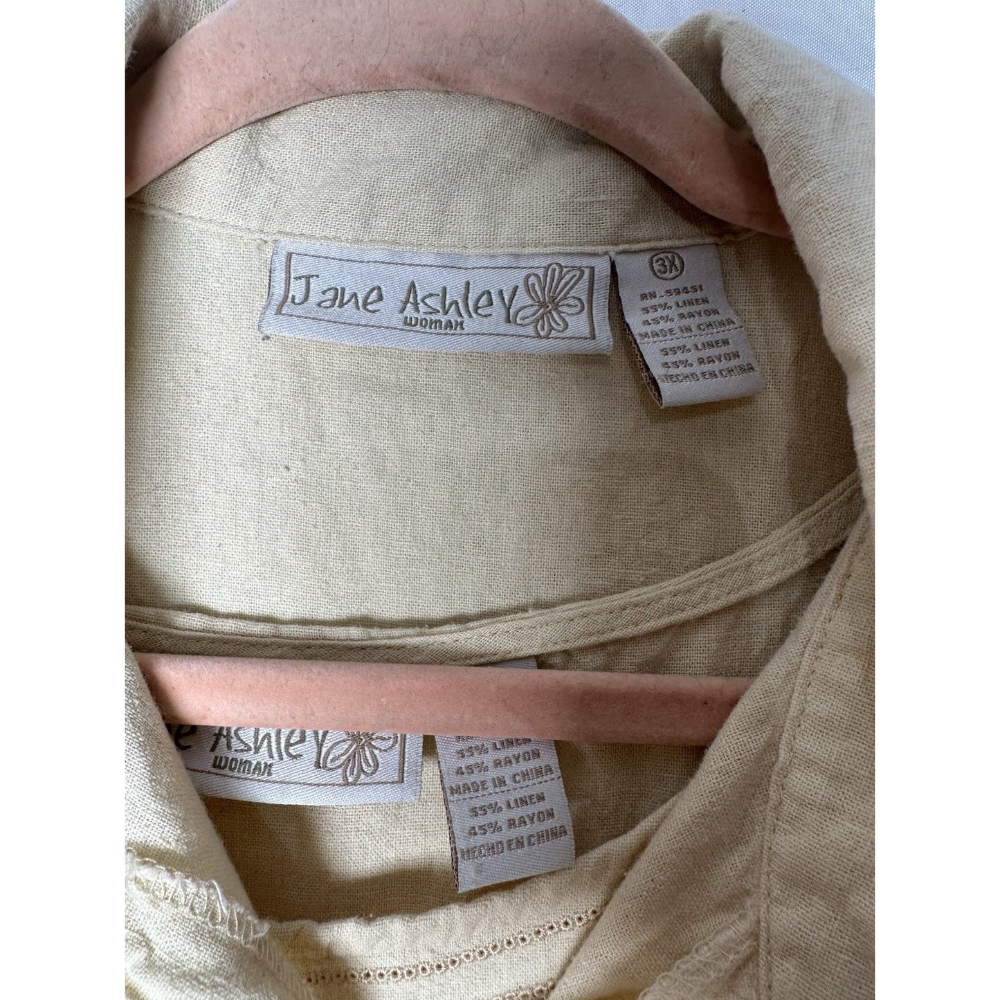 Vintage Jane Ashley 2 Pc Womens Sz 3x Embroidered Linen Rayon Blend Neutral