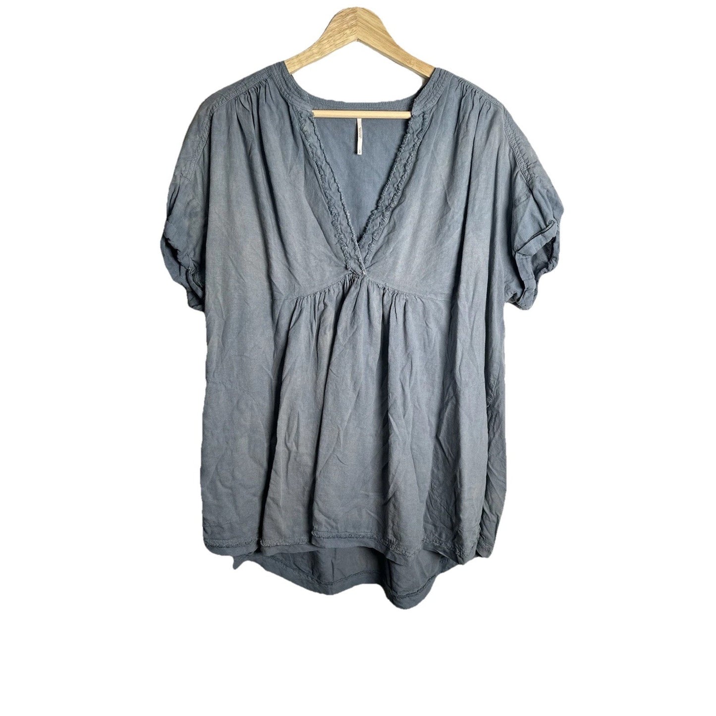 Free People Chambray Top Womens Sz S Oversized Deep V Boho Peasant Romantic