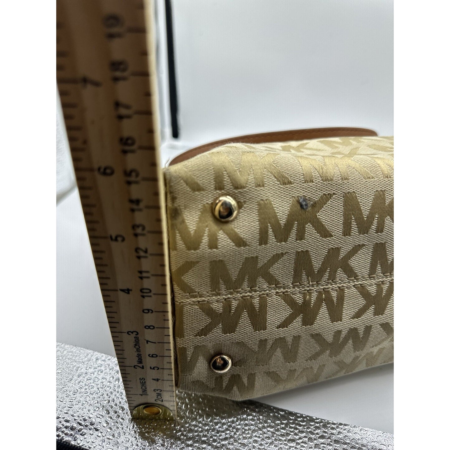 Michael Kors Jet Set Medium Brown Beige Tote Signature Canvas Chain Straps