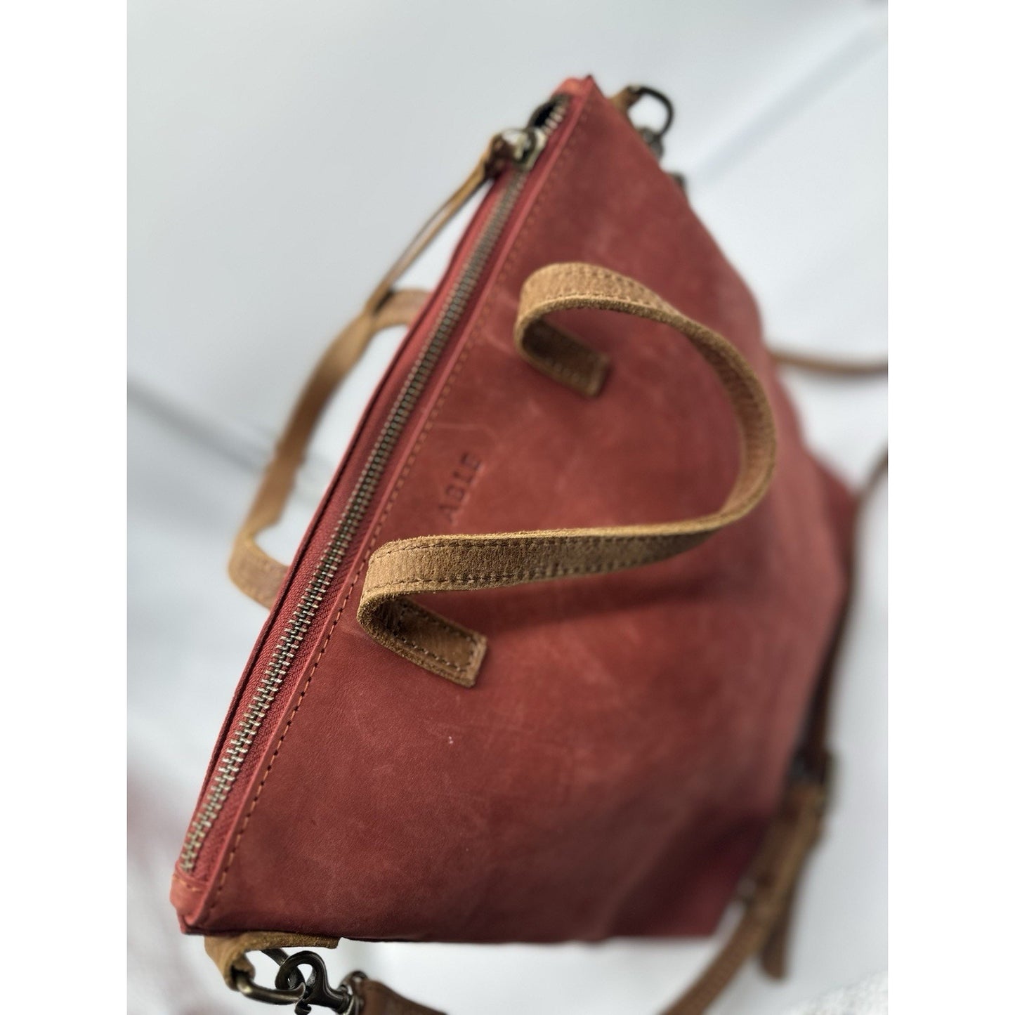 Able Red Soft Leather minimalist top zip tote crossbody purse bag Handbag