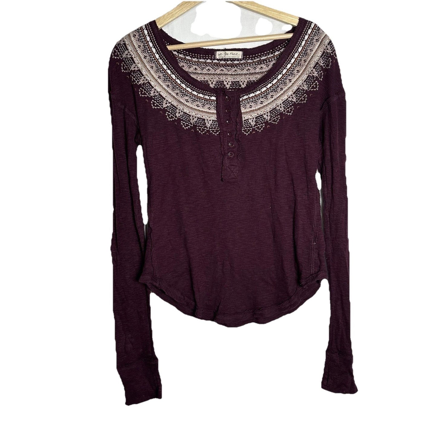 We The Free People Thermal Fair Isle Henley Shirt Size M Purple Brown Boho Ski