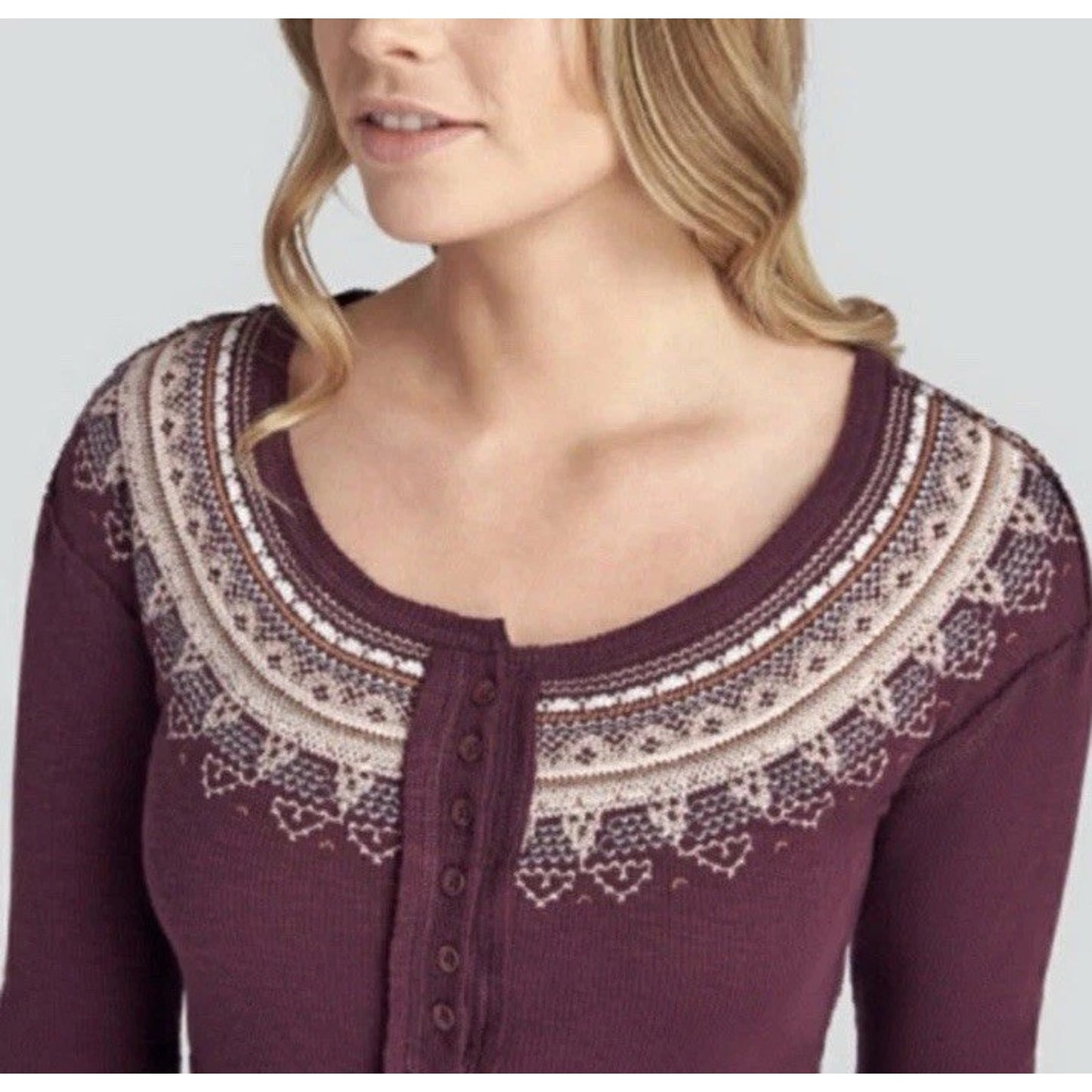 We The Free People Thermal Fair Isle Henley Shirt Size M Purple Brown Boho Ski