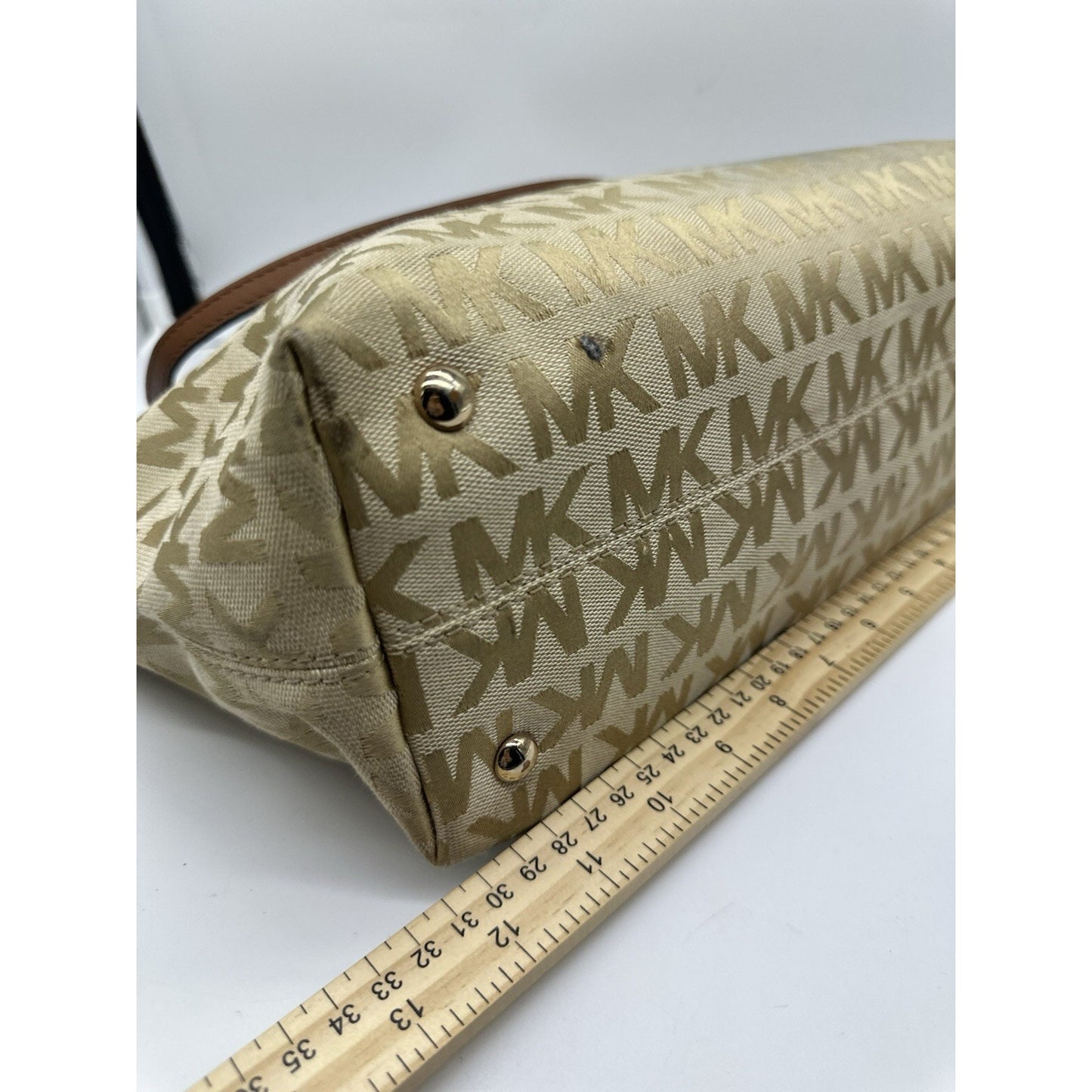 Michael Kors Jet Set Medium Brown Beige Tote Signature Canvas Chain Straps