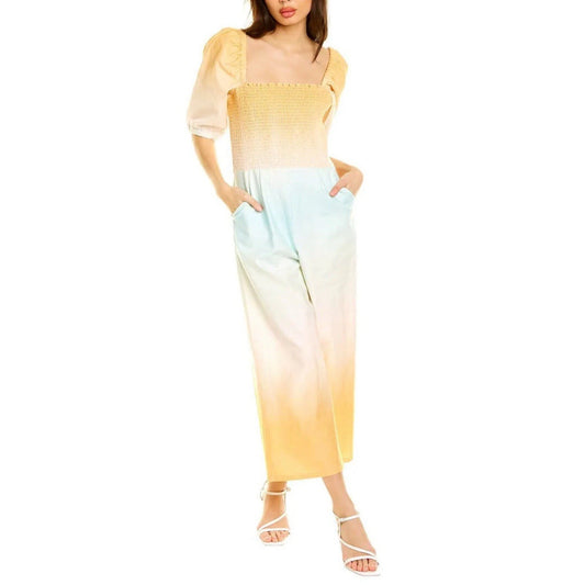 Something Navy Mattie Linen Blend Smacked Jumpsuit Ombre Wide Leg Butter Yellow