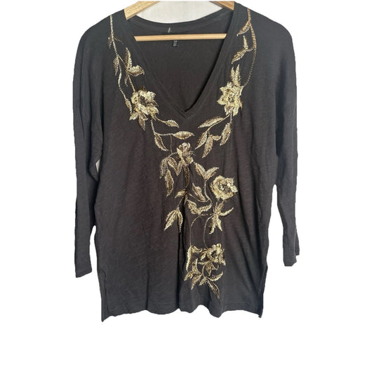 Lucky Brand Metallic Floral Top Womens Sz S Emebroidered Boho Bohemian Peasant