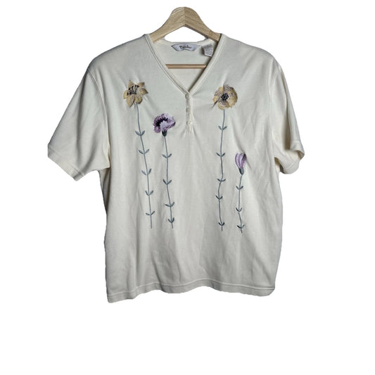 Vintage Tan Jay Top Womens Sz L Embroidered Floral Grannycore Grandma 80s 90s