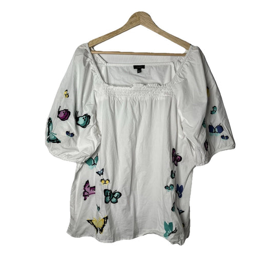 Talbots Embroidered Poplin Top Womens Sz XL Butterflies Fairycore Cottagecore