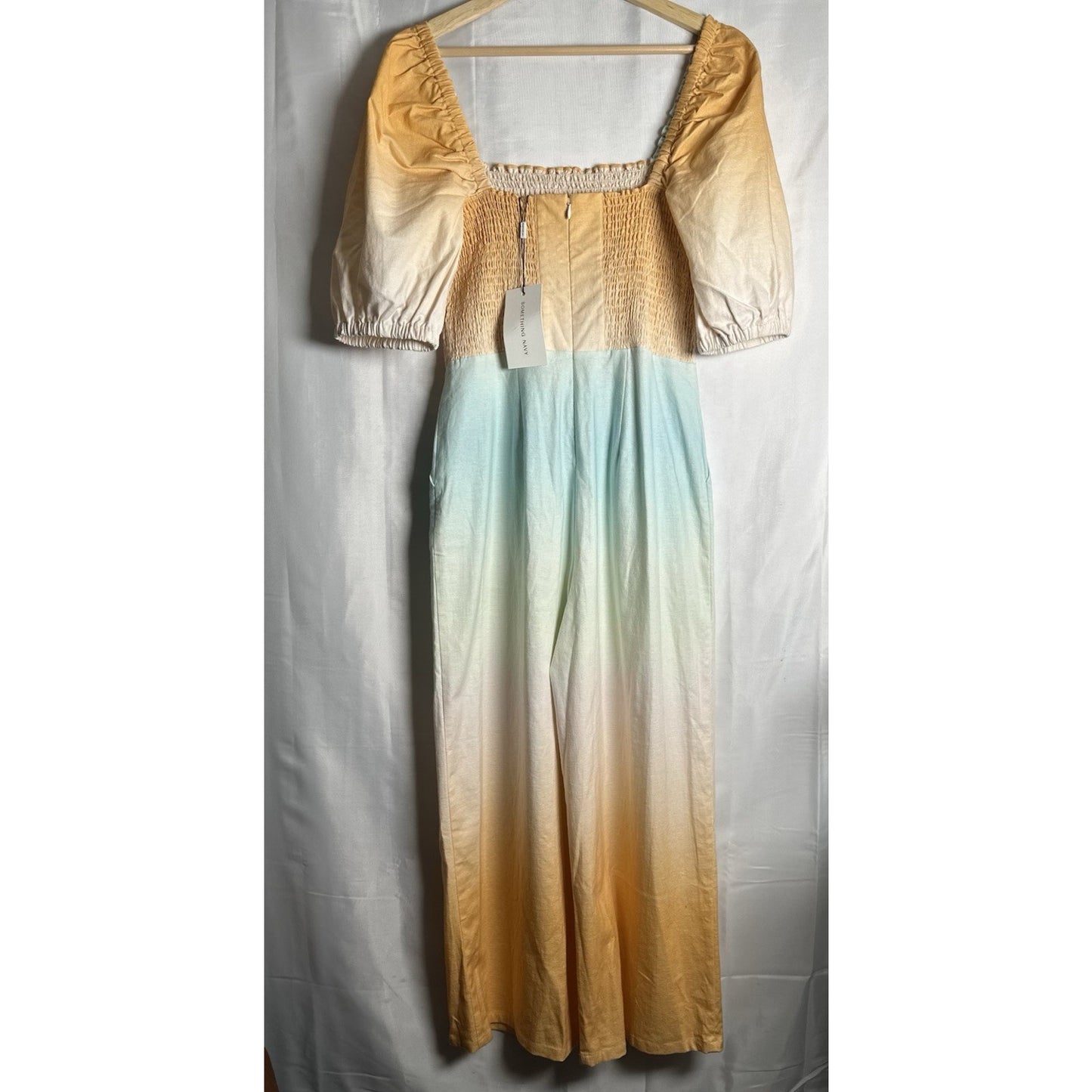 Something Navy Mattie Linen Blend Smacked Jumpsuit Ombre Wide Leg Butter Yellow