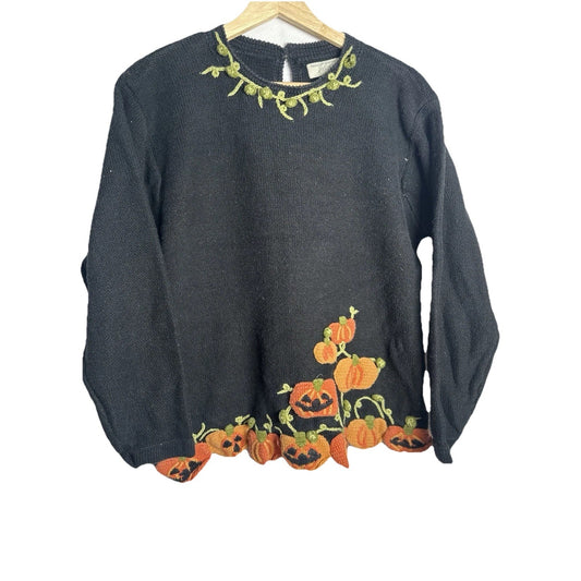 VTG Rare Lord & Taylor Sweater Women Sz M Halloween Pumpkins Embroidered Bobbles