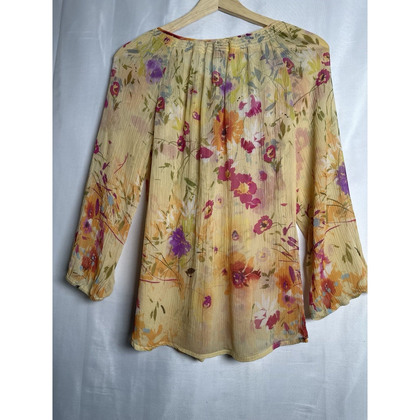 Sundance Womens Small Top 100% SILK Floral Long Sleeve Sheer Bohemian Yellow