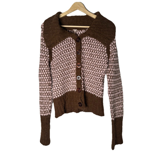 Free People Alpaca Blend Geometric Sweater Womens M Brown Pink Button Cabincore