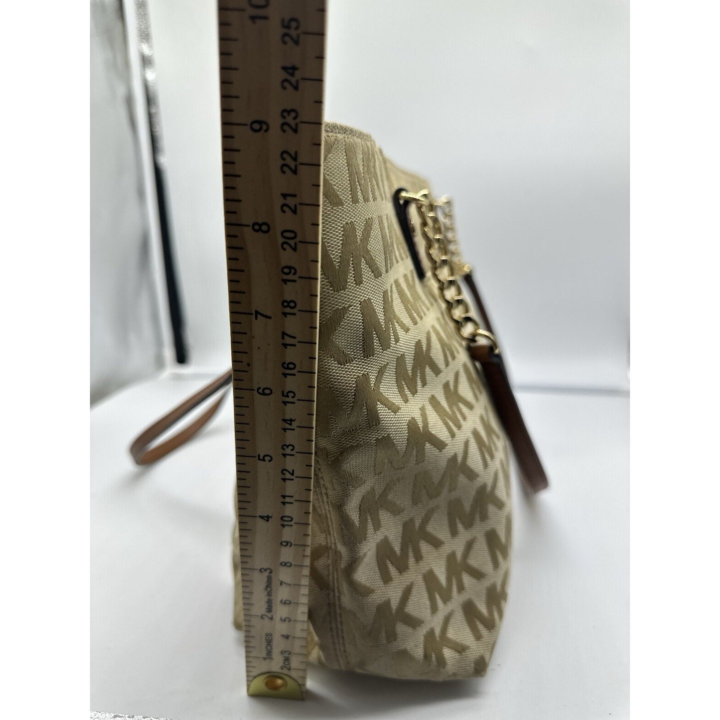 Michael Kors Jet Set Medium Brown Beige Tote Signature Canvas Chain Straps