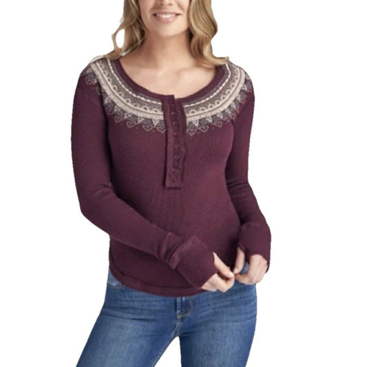 We The Free People Thermal Fair Isle Henley Shirt Size M Purple Brown Boho Ski