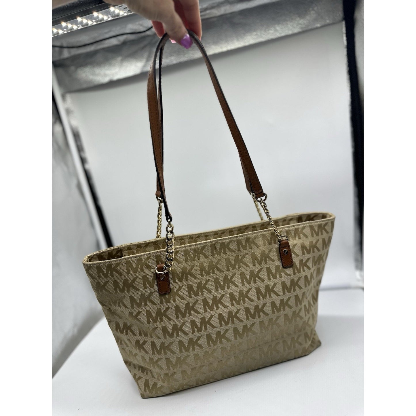 Michael Kors Jet Set Medium Brown Beige Tote Signature Canvas Chain Straps