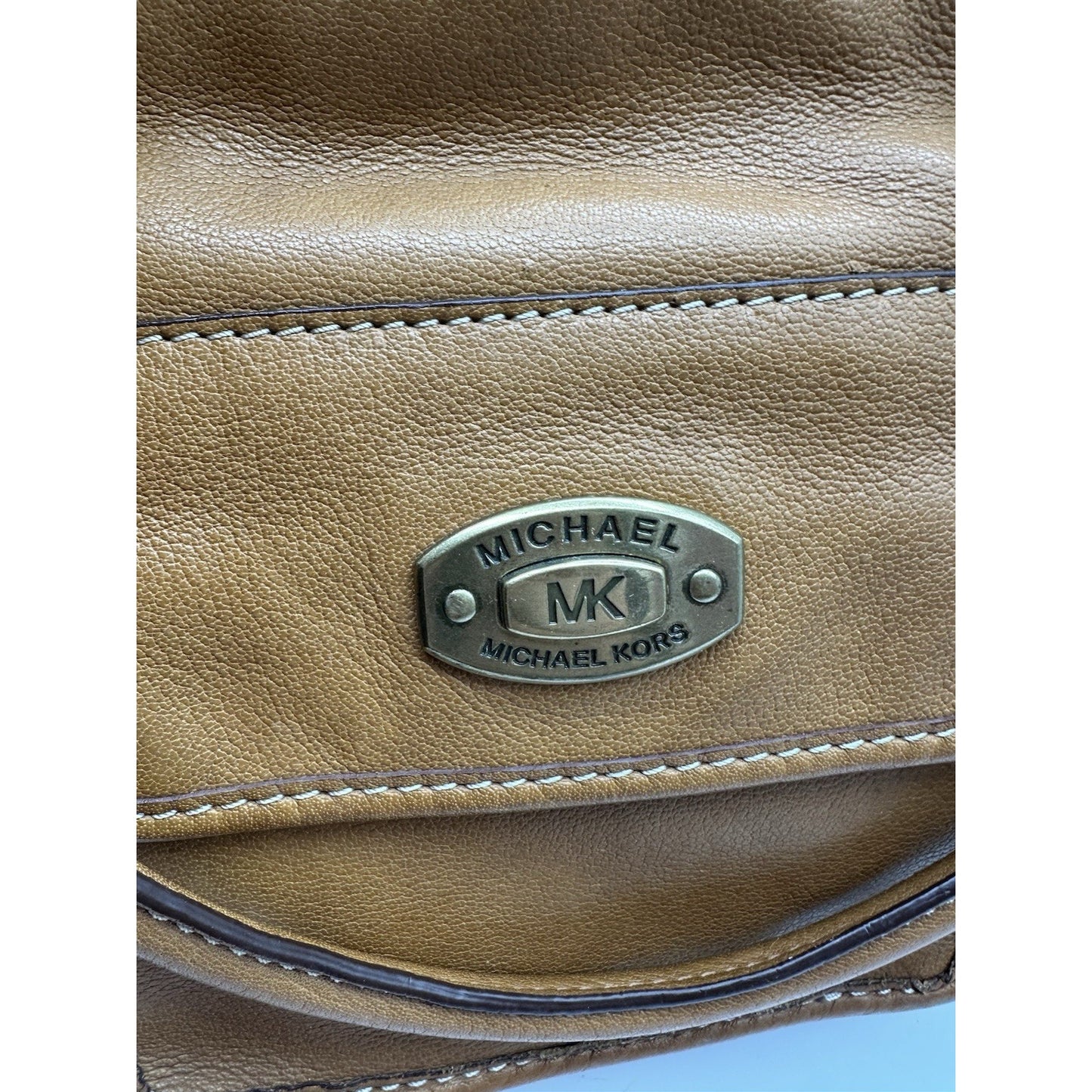 Vintage Michael Kors Tan Leather Brass Handbag Rare Find Large Tote Y2K 90s