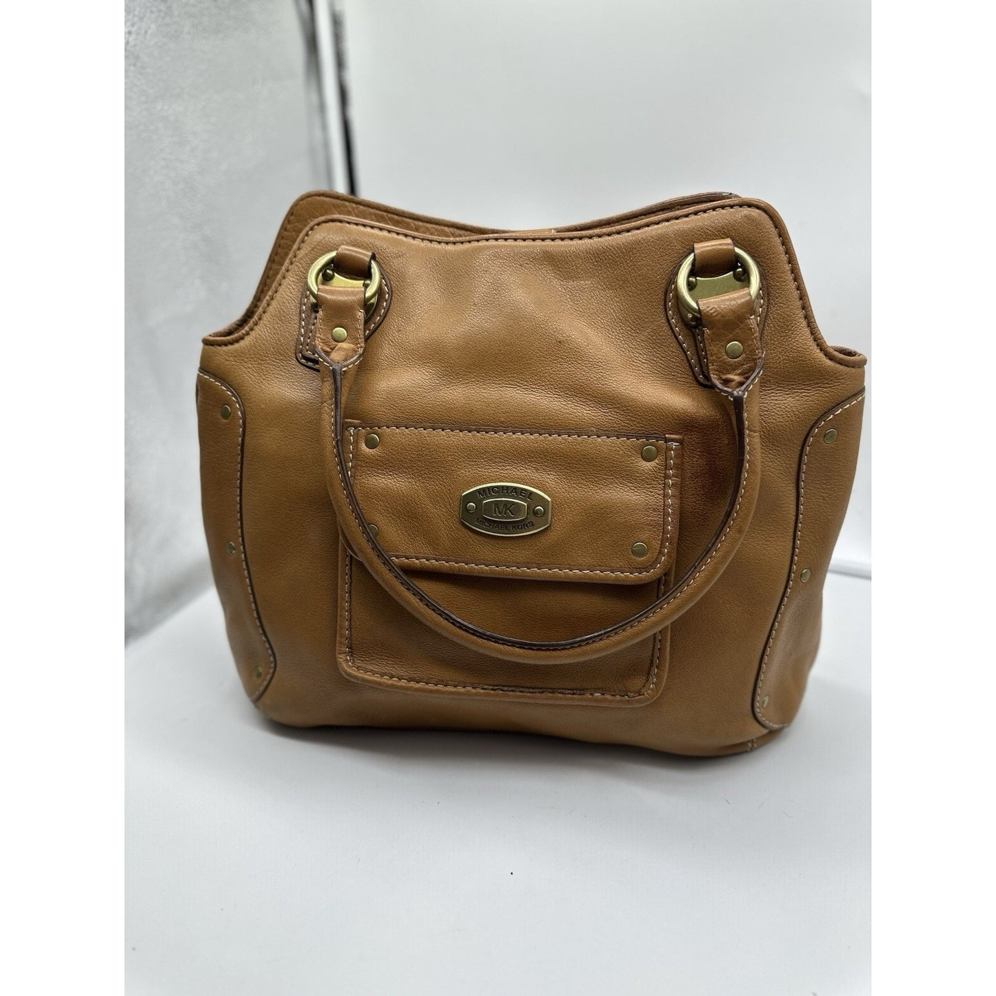Vintage Michael Kors Tan Leather Brass Handbag Rare Find Large Tote Y2K 90s