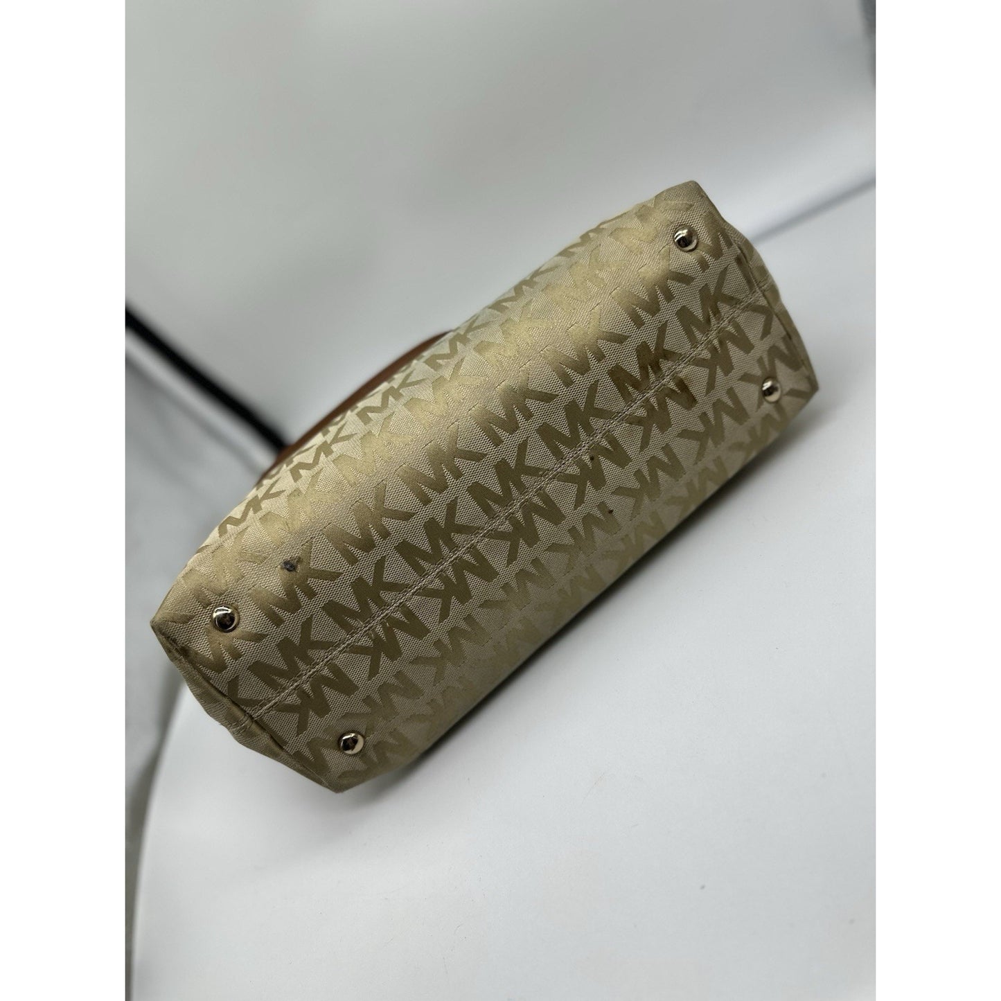 Michael Kors Jet Set Medium Brown Beige Tote Signature Canvas Chain Straps