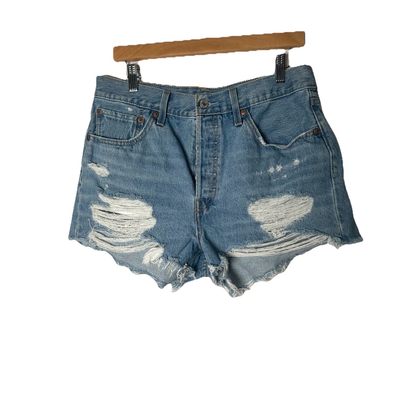 Levis 501 Raw Hem Denim Jean Shorts Womens Sz 32 Button Fly Distressed Staple