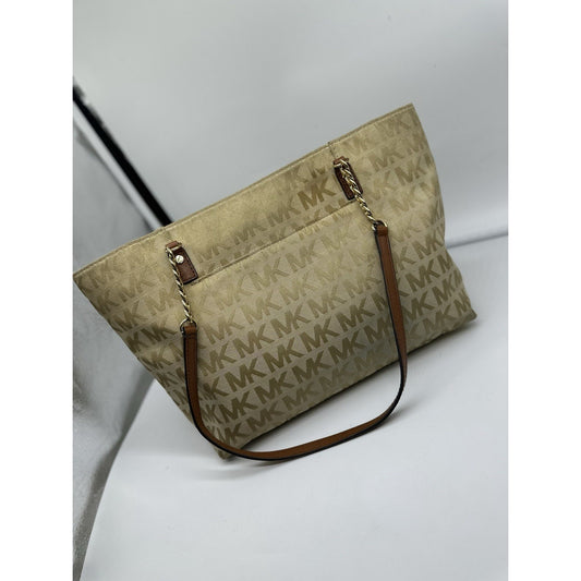 Michael Kors Jet Set Medium Brown Beige Tote Signature Canvas Chain Straps