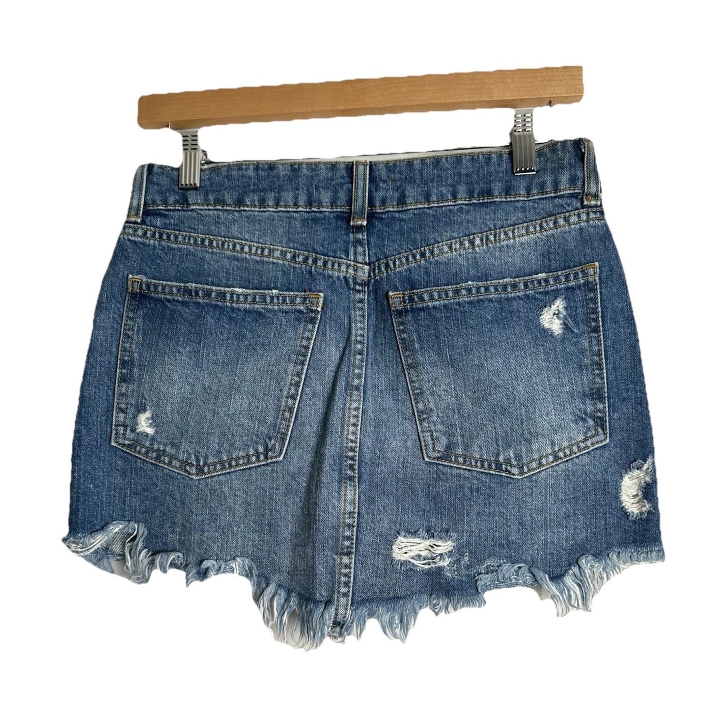 Free People Wild Rose Denim Mini Skirt Womens sz 25 Embroidered Floral Raw Hem