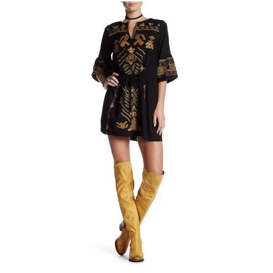 $168 Free People Anouk Black Combo Gold Olive Embroidered Mini Dress S Bohemian