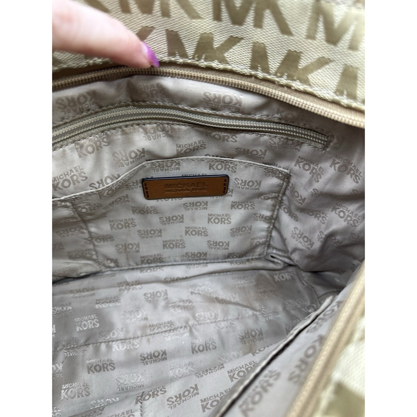 Michael Kors Jet Set Medium Brown Beige Tote Signature Canvas Chain Straps