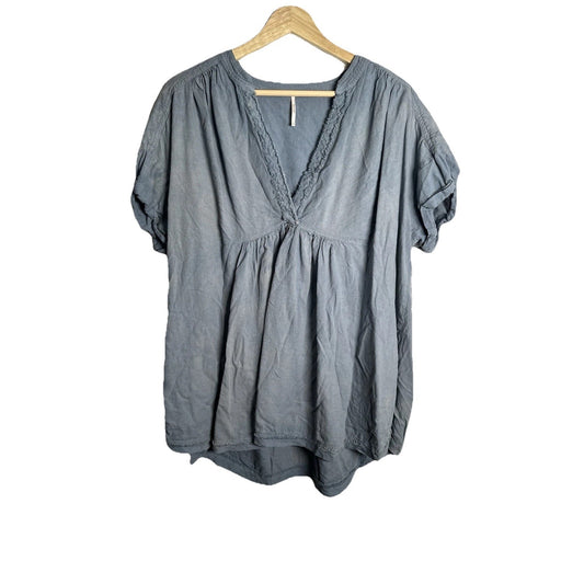 Free People Chambray Top Womens Sz S Oversized Deep V Boho Peasant Romantic