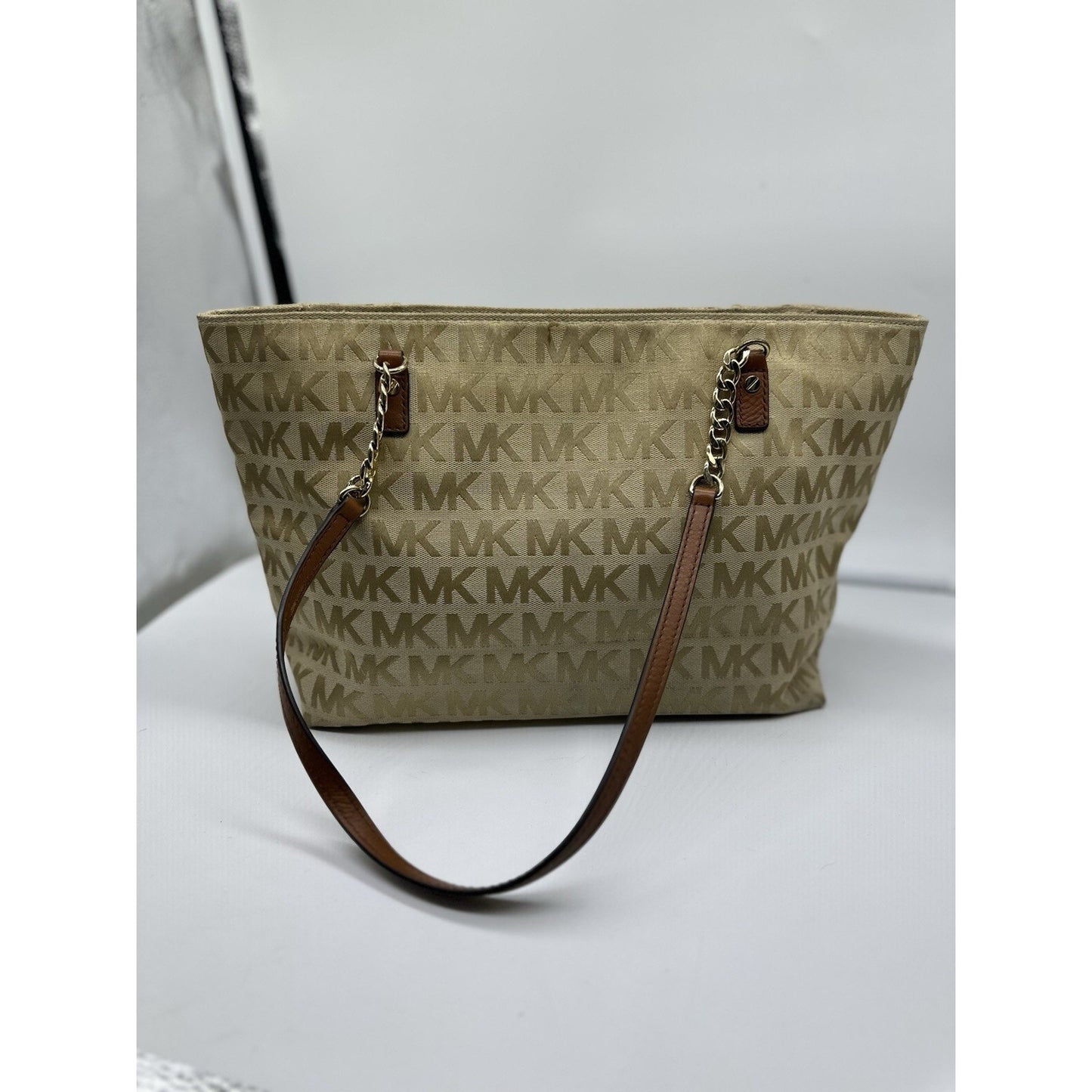 Michael Kors Jet Set Medium Brown Beige Tote Signature Canvas Chain Straps