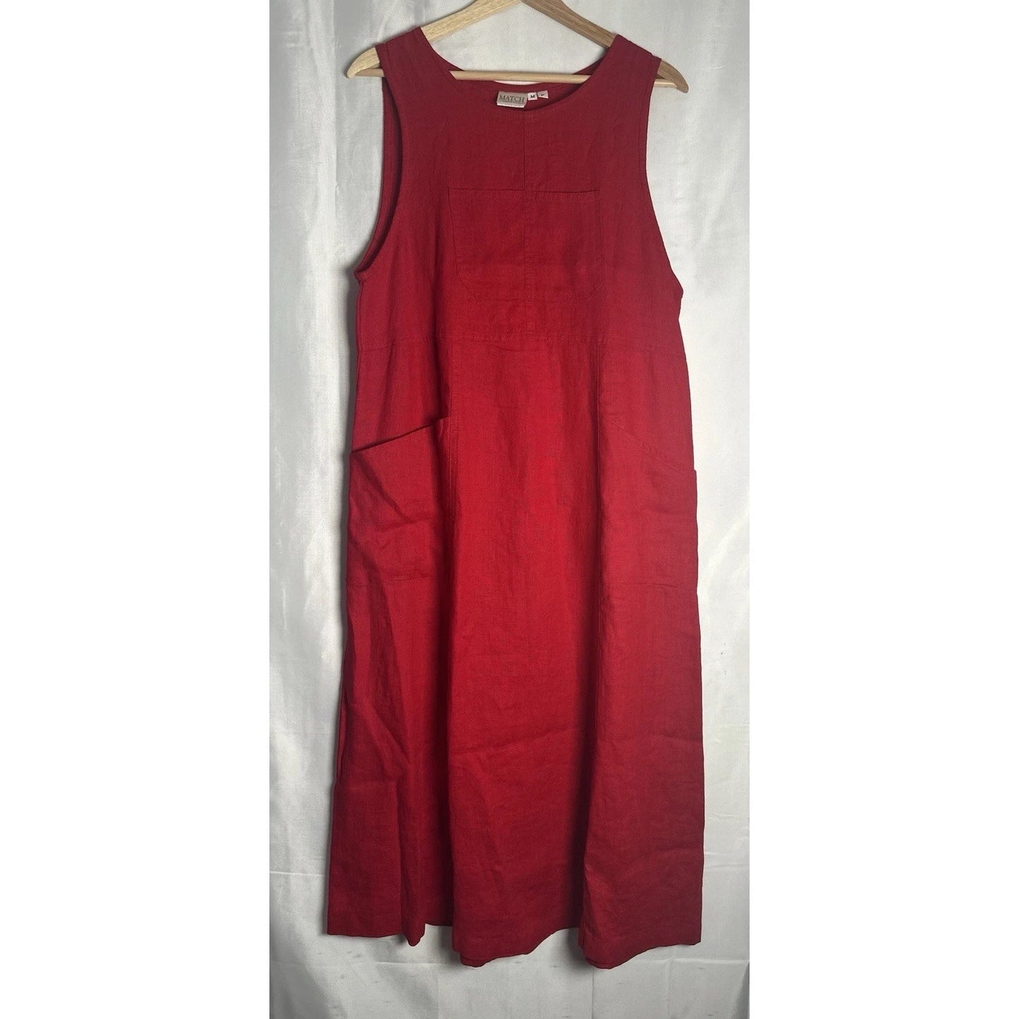 Match Linen Women's Sz M Petite Lightweight Lagenlook Boxy Pockets Red midi