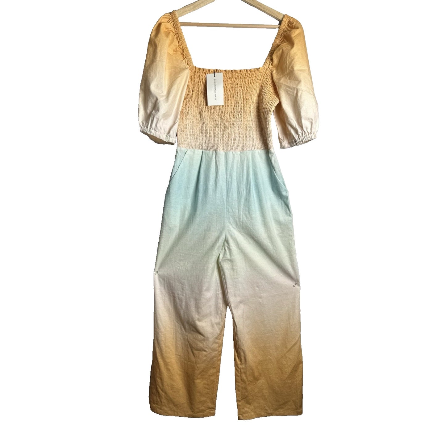 Something Navy Mattie Linen Blend Smacked Jumpsuit Ombre Wide Leg Butter Yellow