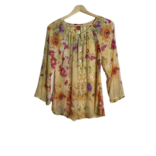 Sundance Womens Small Top 100% SILK Floral Long Sleeve Sheer Bohemian Yellow