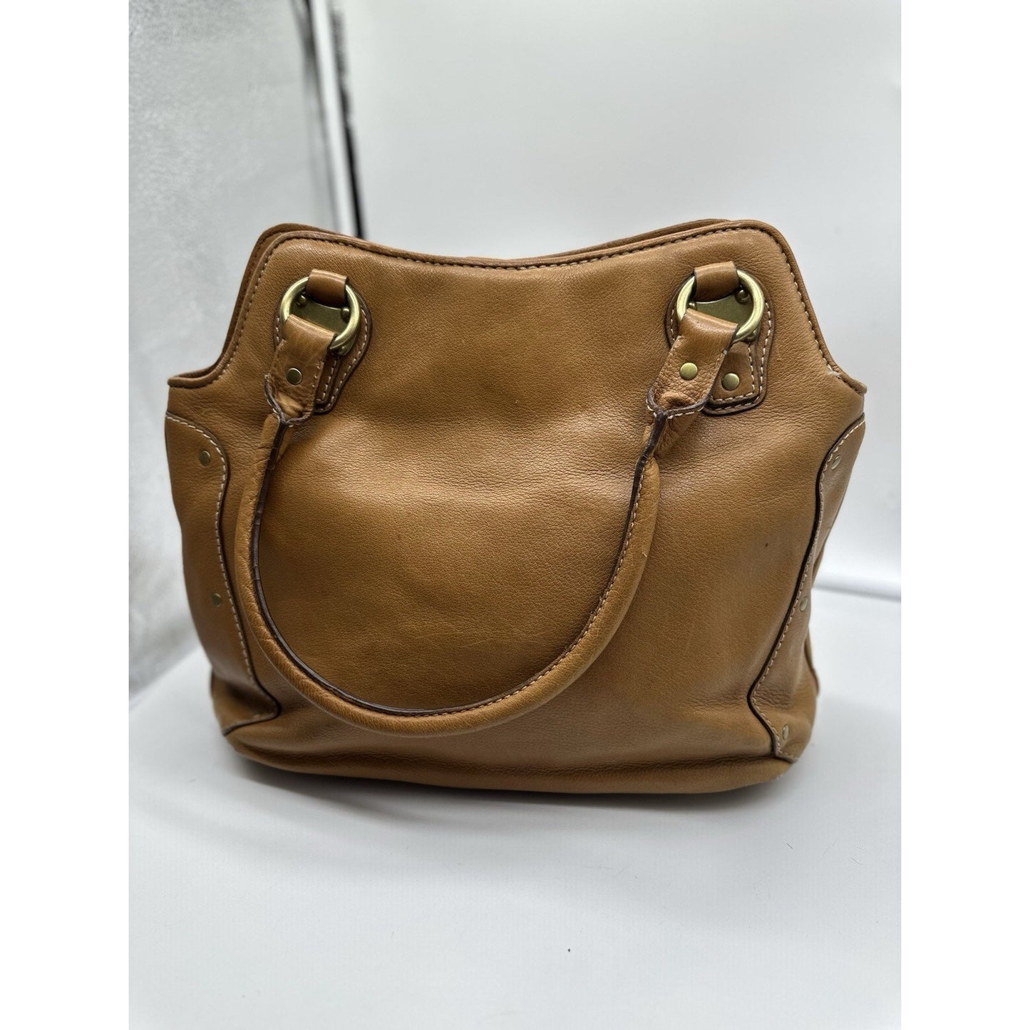 Vintage Michael Kors Tan Leather Brass Handbag Rare Find Large Tote Y2K 90s