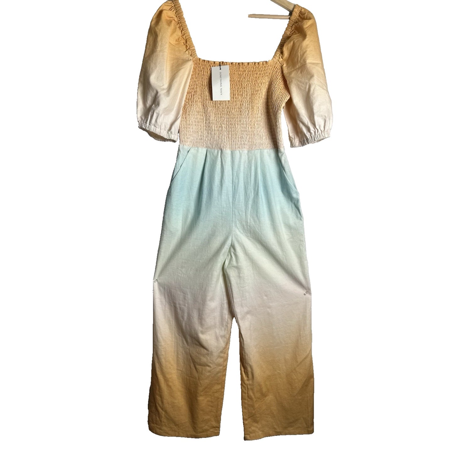 Something Navy Mattie Linen Blend Smacked Jumpsuit Ombre Wide Leg Butter Yellow