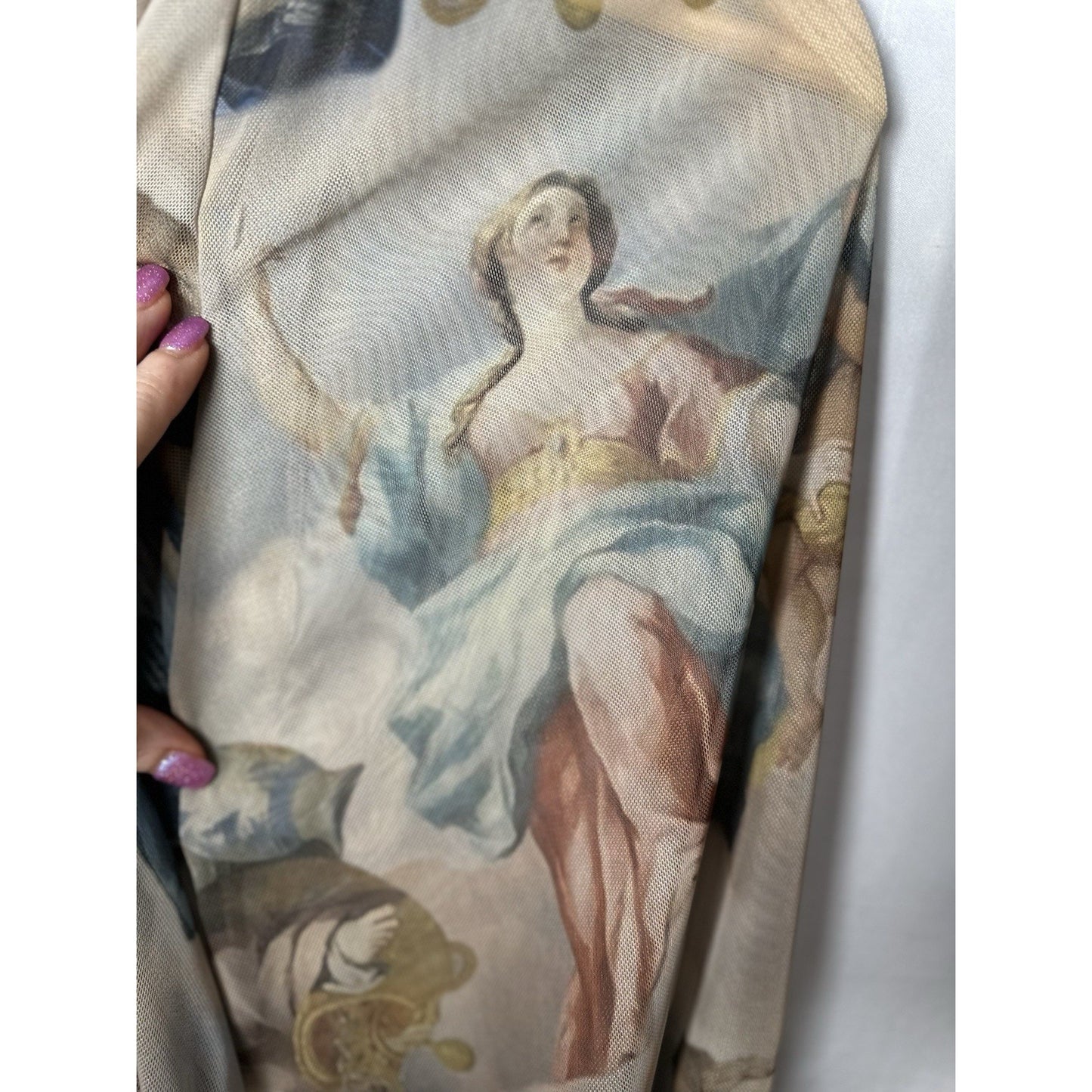 Fashion Nova Mesh All Over Graphic Top Womens Sz M Artsy Art To Wear Cropped