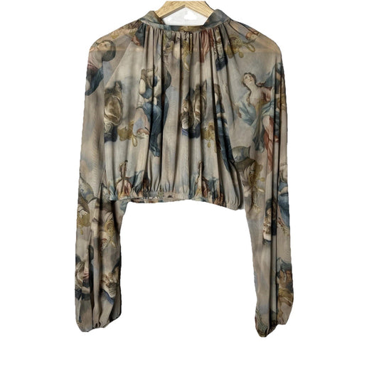 Fashion Nova Mesh All Over Graphic Top Womens Sz M Artsy Art To Wear Cropped